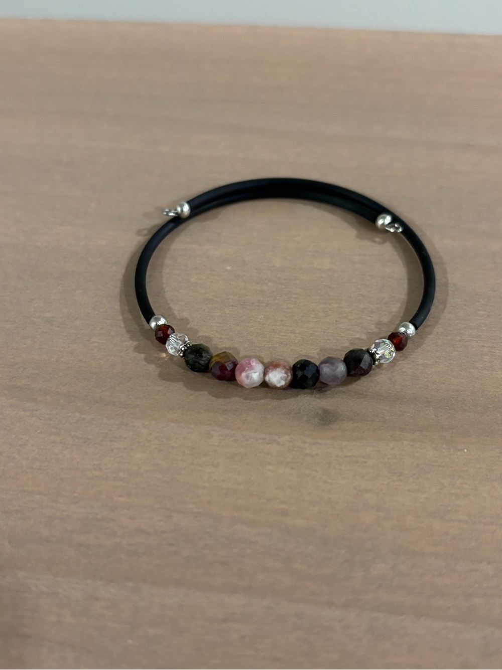 Unisex Black Double-Wrap Rubber Bracelet with Silver Accents